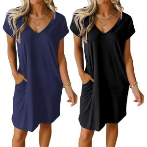 Ekouaer Womens 2 Pack Nightgown V Neck Sleepshirt Short Sleeve Nightshirt Plain/Floral Pajama Dress with Pockets(Black+navy Blue)
