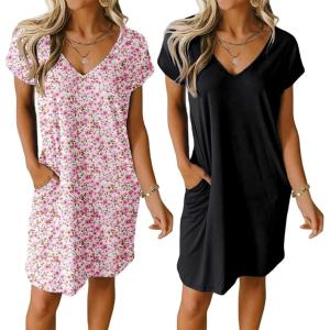 Ekouaer Womens 2 Pack Nightgown V Neck Sleepshirt Short Sleeve Nightshirt Plain/Floral Pajama Dress with Pockets(Black+pink Flower)