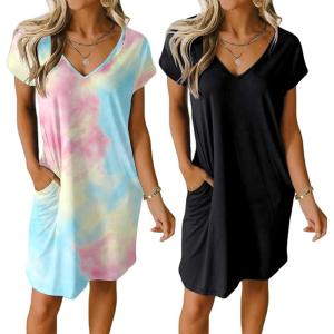 Ekouaer Womens 2 Pack Nightgown V Neck Sleepshirt Short Sleeve Nightshirt Plain/Floral Pajama Dress with Pockets(Black+pink Tie Dye)
