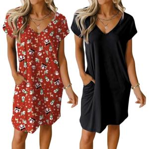 Ekouaer Womens 2 Pack Nightgown V Neck Sleepshirt Short Sleeve Nightshirt Plain/Floral Pajama Dress with Pockets(Black+red Christmas Santa)