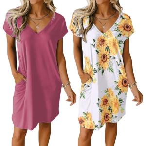 Ekouaer Womens 2 Pack Nightgown V Neck Sleepshirt Short Sleeve Nightshirt Plain/Floral Pajama Dress with Pockets(Dark Pink+sunflower)