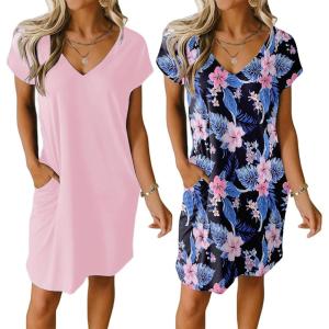 Ekouaer Womens 2 Pack Nightgown V Neck Sleepshirt Short Sleeve Nightshirt Plain/Floral Pajama Dress with Pockets(Pink+pink Floral)