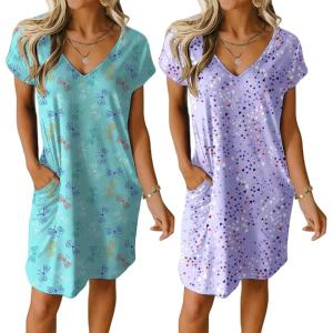 Ekouaer Womens 2 Pack Nightgown V Neck Sleepshirt Short Sleeve Nightshirt Plain/Floral Pajama Dress with Pockets(Star+dragonfly Print)