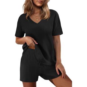 Ekouaer Womens 2 Piece Lounge Sets Summer Two Piece Outfits Ribbed Knit V Neck Short Sleeve Tee and Pockets Shorts Sets(Black)