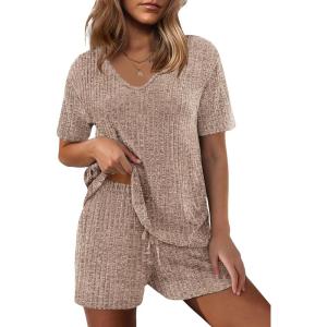 Ekouaer Womens 2 Piece Lounge Sets Summer Two Piece Outfits Ribbed Knit V Neck Short Sleeve Tee and Pockets Shorts Sets(Brown)