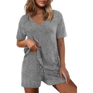 Ekouaer Womens 2 Piece Lounge Sets Summer Two Piece Outfits Ribbed Knit V Neck Short Sleeve Tee and Pockets Shorts Sets(Gray)