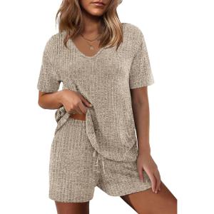 Ekouaer Womens 2 Piece Lounge Sets Summer Two Piece Outfits Ribbed Knit V Neck Short Sleeve Tee and Pockets Shorts Sets(Khaki)