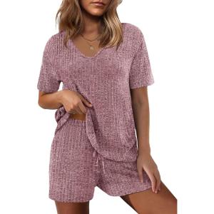 Ekouaer Womens 2 Piece Lounge Sets Summer Two Piece Outfits Ribbed Knit V Neck Short Sleeve Tee and Pockets Shorts Sets(Wine Red)