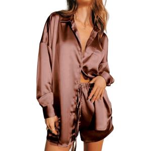 Ekouaer Womens 2 Piece Satin Pajama Set Long Sleeve PJs Sets Button Down Lounge Sets Soft Sleepwear Set(Brown)