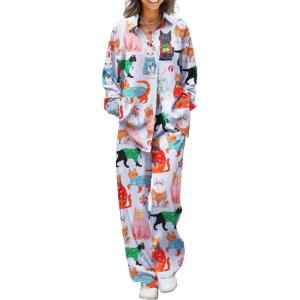 Ekouaer Womens 2 Piece Silk Satin Pajama Set Long Sleeve Lounge Sets Button Down Shirts and Pants PJs Soft Sleepwear Sets Blue Cat L