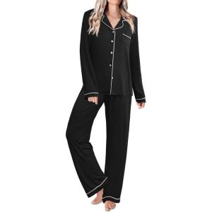 Ekouaer Womens Classic Sleepwear Long Pajama Set S-XXL(Black)