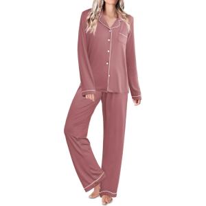 Ekouaer Womens Classic Sleepwear Long Pajama Set S-XXL(Pale Violet Red)