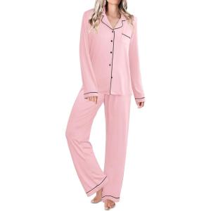 Ekouaer Womens Classic Sleepwear Long Pajama Set S-XXL(Pink)