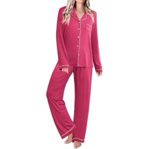 Ekouaer Womens Classic Sleepwear Long Pajama Set S-XXL(Rosy)