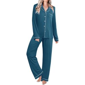 Ekouaer Womens Classic Sleepwear Long Pajama Set S-XXL(Teal)