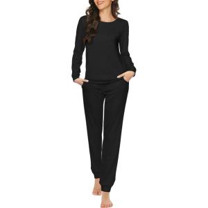 Ekouaer Womens Jogger Pajama Sets Long Sleeve Sleepwear Round Neck Nightwear Soft Pjs Lounge Sets with Pockets(Black)