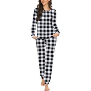 Ekouaer Womens Jogger Pajama Sets Long Sleeve Sleepwear Round Neck Nightwear Soft Pjs Lounge Sets with Pockets(Black and White Plaid)