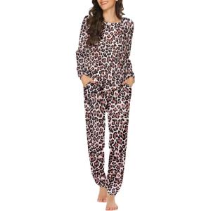 Ekouaer Womens Jogger Pajama Sets Long Sleeve Sleepwear Round Neck Nightwear Soft Pjs Lounge Sets with Pockets(Brown Leopard)