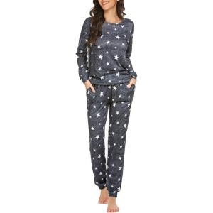 Ekouaer Womens Jogger Pajama Sets Long Sleeve Sleepwear Round Neck Nightwear Soft Pjs Lounge Sets with Pockets(Dark Grey White Star)