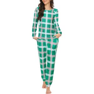 Ekouaer Womens Jogger Pajama Sets Long Sleeve Sleepwear Round Neck Nightwear Soft Pjs Lounge Sets with Pockets(Green Plaid)