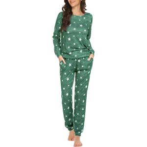 Ekouaer Womens Jogger Pajama Sets Long Sleeve Sleepwear Round Neck Nightwear Soft Pjs Lounge Sets with Pockets(Green White Star)