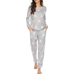 Ekouaer Womens Jogger Pajama Sets Long Sleeve Sleepwear Round Neck Nightwear Soft Pjs Lounge Sets with Pockets(Grey Star Print)