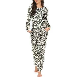 Ekouaer Womens Jogger Pajama Sets Long Sleeve Sleepwear Round Neck Nightwear Soft Pjs Lounge Sets with Pockets(Leopard)