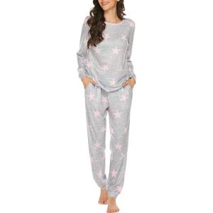 Ekouaer Womens Jogger Pajama Sets Long Sleeve Sleepwear Round Neck Nightwear Soft Pjs Lounge Sets with Pockets(Light Grey Pink Star)