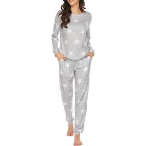 Ekouaer Womens Jogger Pajama Sets Long Sleeve Sleepwear Round Neck Nightwear Soft Pjs Lounge Sets with Pockets(Light Grey White Star)