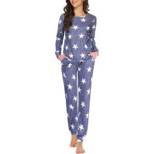 Ekouaer Womens Jogger Pajama Sets Long Sleeve Sleepwear Round Neck Nightwear Soft Pjs Lounge Sets with Pockets(Long Blue White Star)