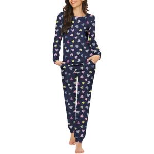 Ekouaer Womens Jogger Pajama Sets Long Sleeve Sleepwear Round Neck Nightwear Soft Pjs Lounge Sets with Pockets(Navy Heart)