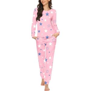 Ekouaer Womens Jogger Pajama Sets Long Sleeve Sleepwear Round Neck Nightwear Soft Pjs Lounge Sets with Pockets(Pink Stars)
