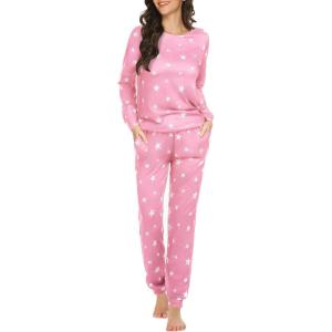 Ekouaer Womens Jogger Pajama Sets Long Sleeve Sleepwear Round Neck Nightwear Soft Pjs Lounge Sets with Pockets(Pink White Star)