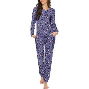 Ekouaer Womens Jogger Pajama Sets Long Sleeve Sleepwear Round Neck Nightwear Soft Pjs Lounge Sets with Pockets(Purple Leopard)