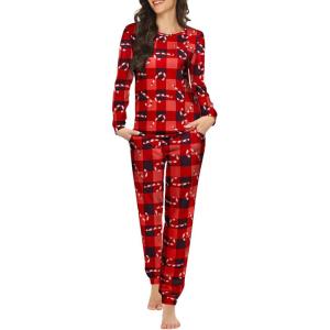 Ekouaer Womens Jogger Pajama Sets Long Sleeve Sleepwear Round Neck Nightwear Soft Pjs Lounge Sets with Pockets(Red Plaid Snowflake)