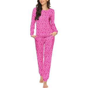 Ekouaer Womens Jogger Pajama Sets Long Sleeve Sleepwear Round Neck Nightwear Soft Pjs Lounge Sets with Pockets(Rose Red Leopard Print)