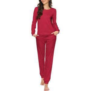 Ekouaer Womens Jogger Pajama Sets Long Sleeve Sleepwear Round Neck Nightwear Soft Pjs Lounge Sets with Pockets(Wine Red)