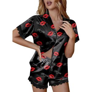 Ekouaer Womens Lace Satin Pajama Set Button Down Pj Shorts Set Bridesmaids Getting Ready Outfits Casual Sleepwear XS-XXL(Love You Lips)