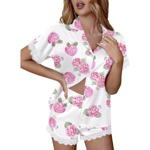 Ekouaer Womens Lace Satin Pajama Set Button Down Pj Shorts Set Bridesmaids Getting Ready Outfits Casual Sleepwear XS-XXL(Pink Hydrangea)