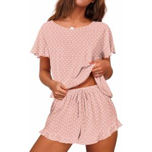 Ekouaer Women’s Pajama Set Ruffle Sleeves Top and Short Soft 2 Piece Loungewear Set(Pink Polka Dots)