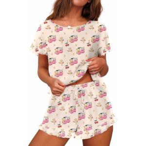 Ekouaer Women’s Pajama Set Ruffle Sleeves Top and Short Soft 2 Piece Loungewear Set(Teddy Bear_cherry)