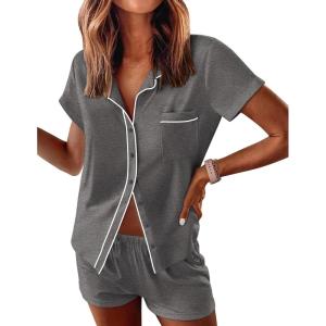 Ekouaer Womens Pajama Sets Button Down Lounge Set 2 Piece Loungewear Soft Sleepwear Short Sleeve Pjs with Pockets(Dark Gray)