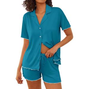 Ekouaer Womens Pajama Sets Button Up Bride Pjs Set 2 Piece Soft Sleepwear Short Sleeve Lounge Sets with Shorts, S-XXL(Blue Green)
