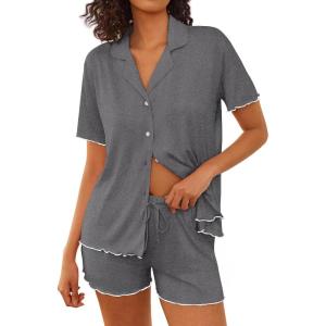 Ekouaer Womens Pajama Sets Button Up Bride Pjs Set 2 Piece Soft Sleepwear Short Sleeve Lounge Sets with Shorts, S-XXL(Dark Grey)