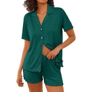Ekouaer Womens Pajama Sets Button Up Bride Pjs Set 2 Piece Soft Sleepwear Short Sleeve Lounge Sets with Shorts, S-XXL(Lake Green)