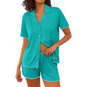 Ekouaer Womens Pajama Sets Button Up Bride Pjs Set 2 Piece Soft Sleepwear Short Sleeve Lounge Sets with Shorts, S-XXL(Peacock Blue)