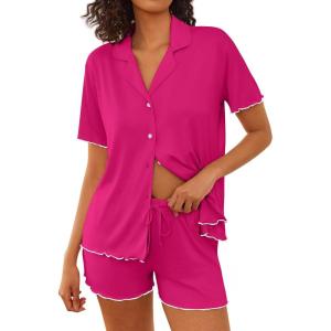 Ekouaer Womens Pajama Sets Button Up Bride Pjs Set 2 Piece Soft Sleepwear Short Sleeve Lounge Sets with Shorts, S-XXL(Rose Red)