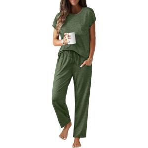 Ekouaer Womens Pajama Sets Cap Sleeve Sleepwear Tops and Long Pants Comfy Pjs 2 Piece Lounge Set with Pockets S-XXL(Army Green)