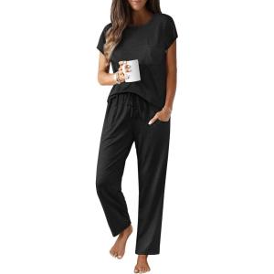Ekouaer Womens Pajama Sets Cap Sleeve Sleepwear Tops and Long Pants Comfy Pjs 2 Piece Lounge Set with Pockets S-XXL(Black)
