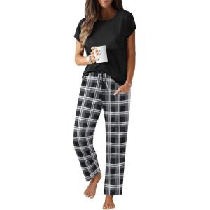 Ekouaer Womens Pajama Sets Cap Sleeve Sleepwear Tops and Long Pants Comfy Pjs 2 Piece Lounge Set with Pockets S-XXL(Black Plaid)